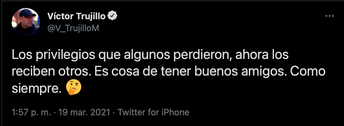 Víctor Trujillo hace referencia al posible "amiguismo" en el reparto de contratos por parte del gobierno federal (captura de pantalla de Twitter @V_TrujilloM)