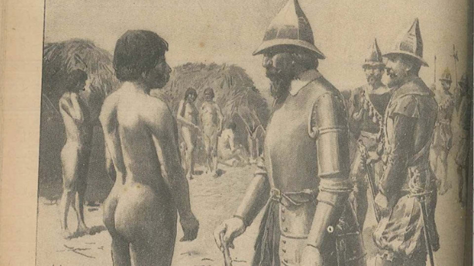 Encuentro de culturas diversas en las tierras rioplatenses: un conquistador conversa con un guaraní. Dibujo de Fortuny