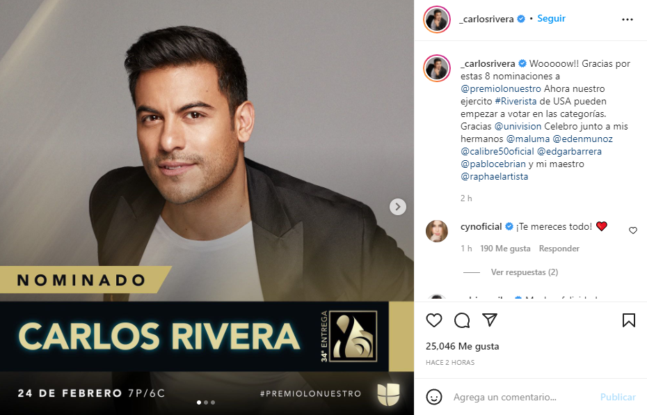 Carlos Rivera celebra sus 8 nominaciones en Los Premios Lo Nuestro 2022 Foto: Instagram/@_carlosrivera