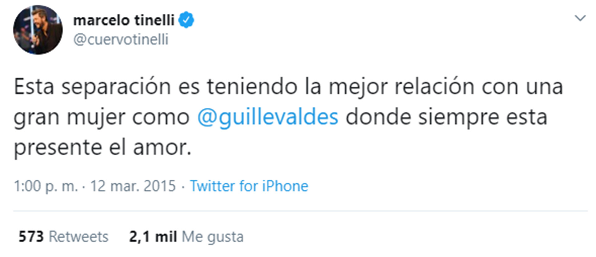 El tuit de Marcelo Tinelli en 2015, cuando se refería a la "momentánea" separación de Guillermina Valdés