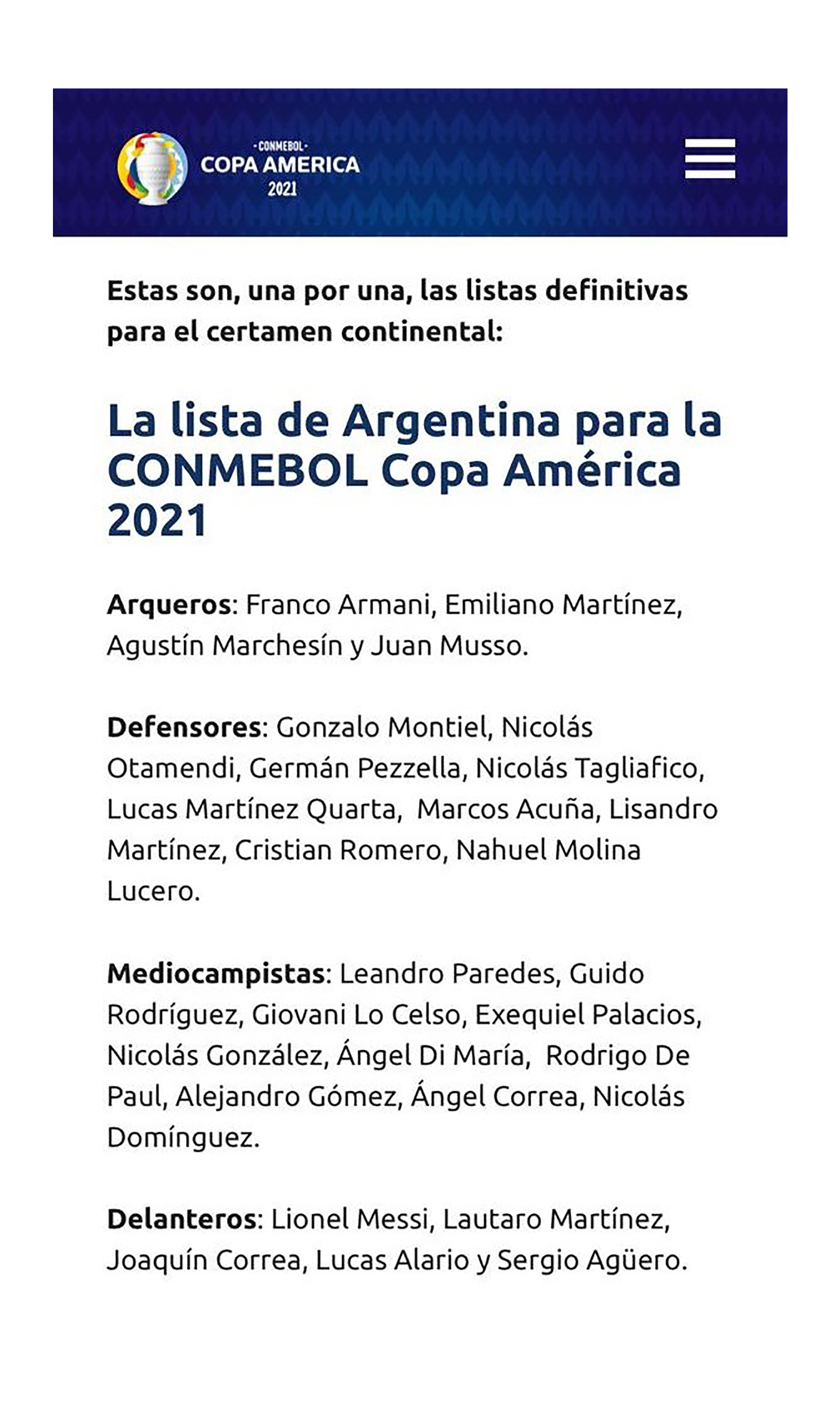 La imagen del listado que subió la Conmebol en el sitio de la Copa América