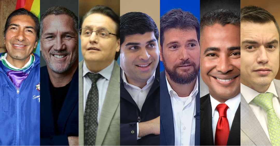 Los precandidatos: Yaku Pérez, Eduardo Maruri, Fernando Villavicencio, Otto Sonneholzoner, Jan Topic, Bejamín Armijos y Daniel Noboa