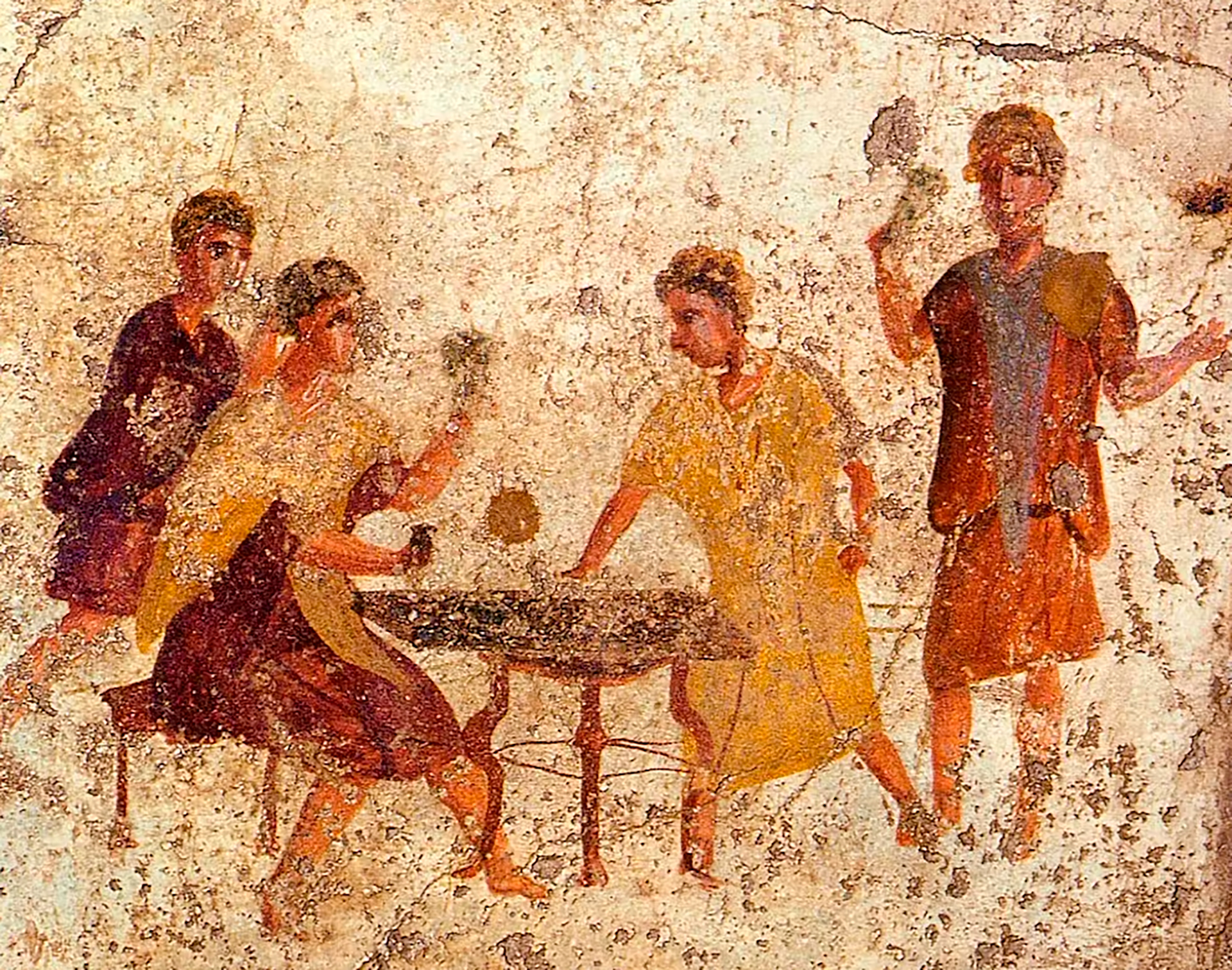 "Jugadores de dados". Fresco romano de la Osteria della Via di Mercurio (VI 10,1.19, sala b) de Pompeya (Wolfgang Rieger)