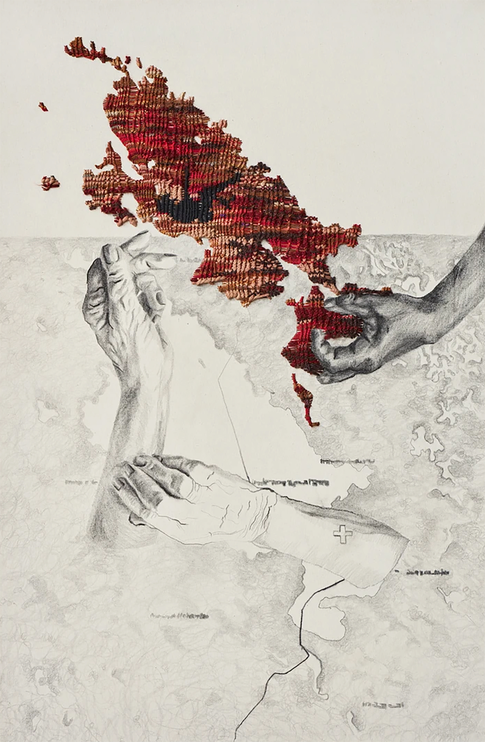 "Cosechando mis mares", de la serie Con P de Patria. Apropiación de tejido anillado Paracas-Nazca sobre dibujo. 2018. 84 x 55 cm