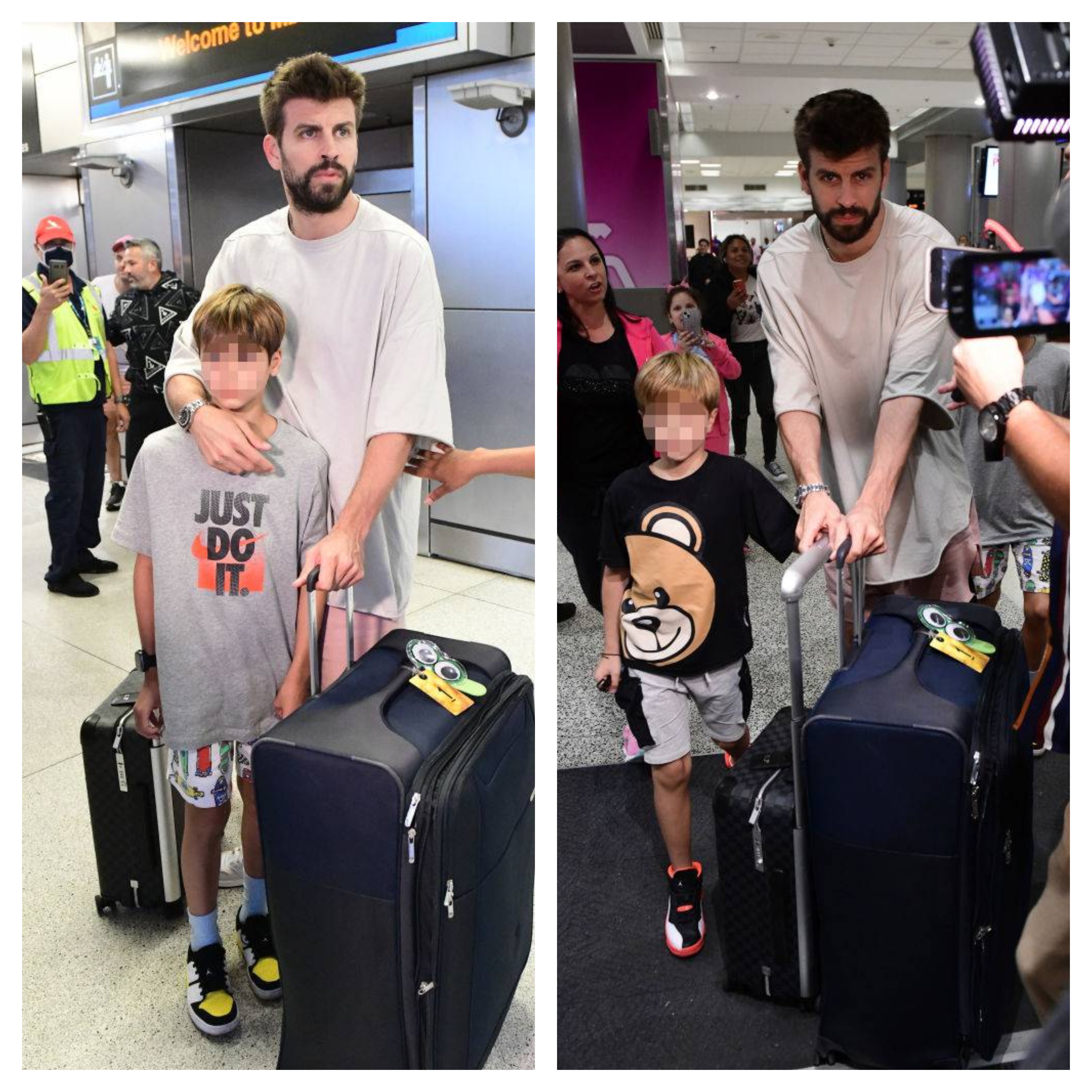 Gerard Piqué y sus hijos, Sasha y Milan, a su llegada a Miami. (Getty)