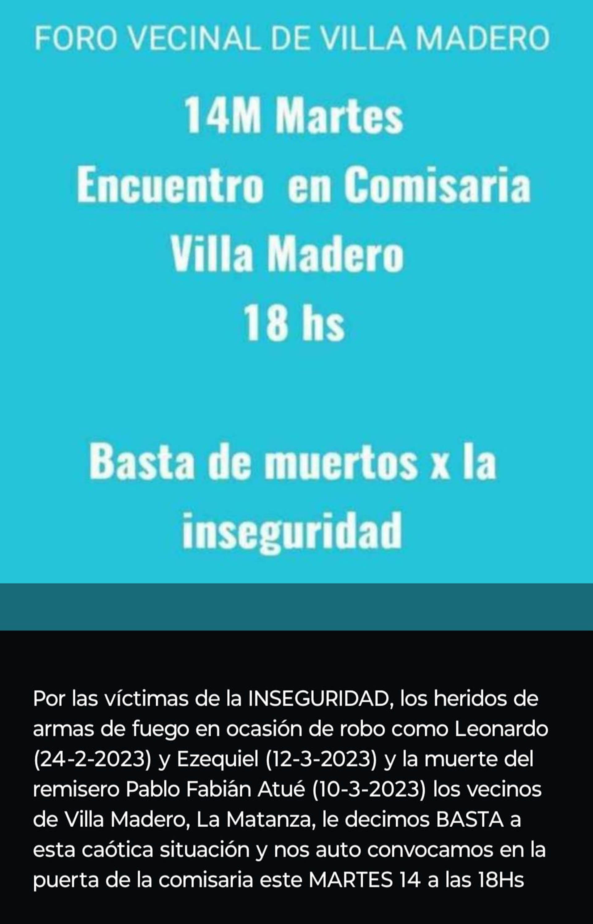 El mensaje virtual con la convocatoria a reclamar por mayor seguridad en la comisaría 6ta de Villa Madero