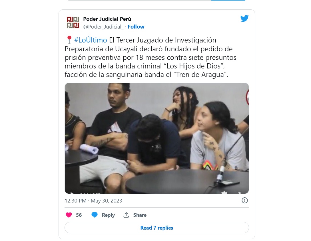El Poder Judicial informó este martes 30 de mayo que se le dispuso la prisión preventiva para varios integrantes del Tren de Aragua de Venezuela. (Captura Twitter Poder Judicial).