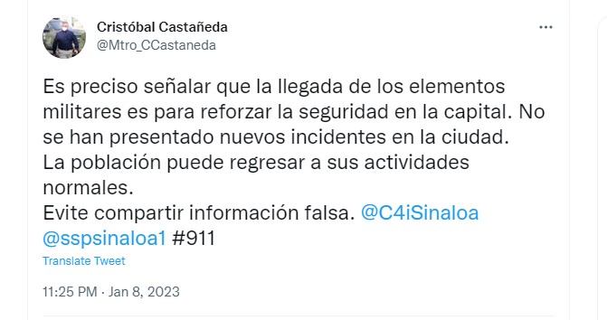 El secretario de Seguridad de Sinaloa descartó nuevos hechos violentos en la entidad tras la recaptura de Ovidio Guzmán (Foto: Twitter@Mtro_CCastaneda)