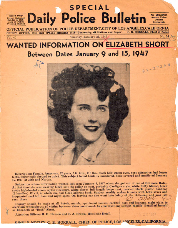 El pedido de información sobre el crimen que la policía de Los Angeles emitió el 22 de enero de 1947