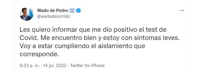 El tuit de Eduardo Wado de Pedro donde confirma que su test dio COVID-19 positivo