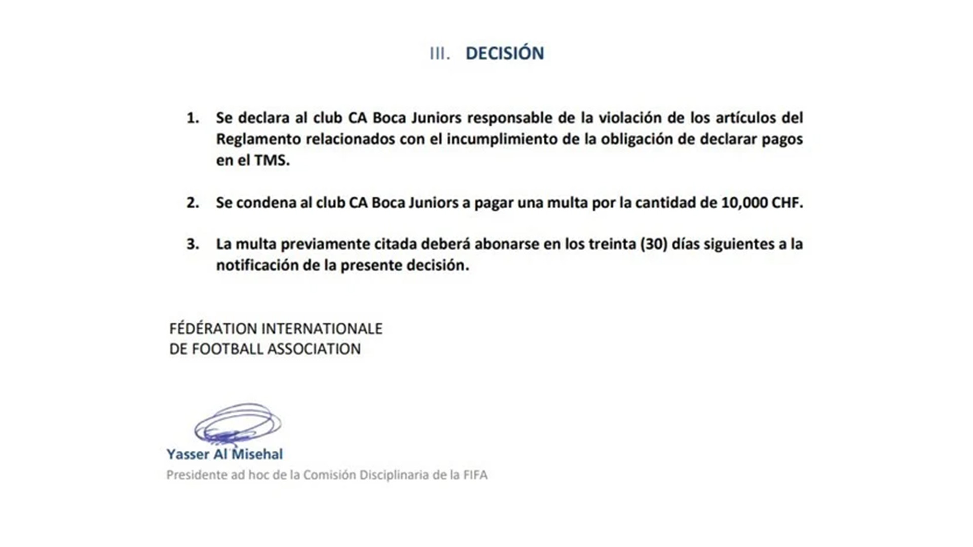 El comunicado con la decisión de la FIFA por el caso Soldano