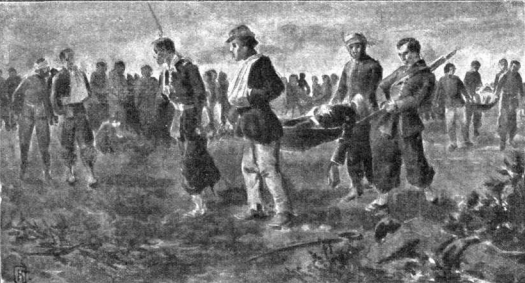 Cuatro soldados llevan en una manta el cuerpo sin vida de Domingo Fidel Sarmiento, "Dominguito", durante la Guerra del Paraguay.
