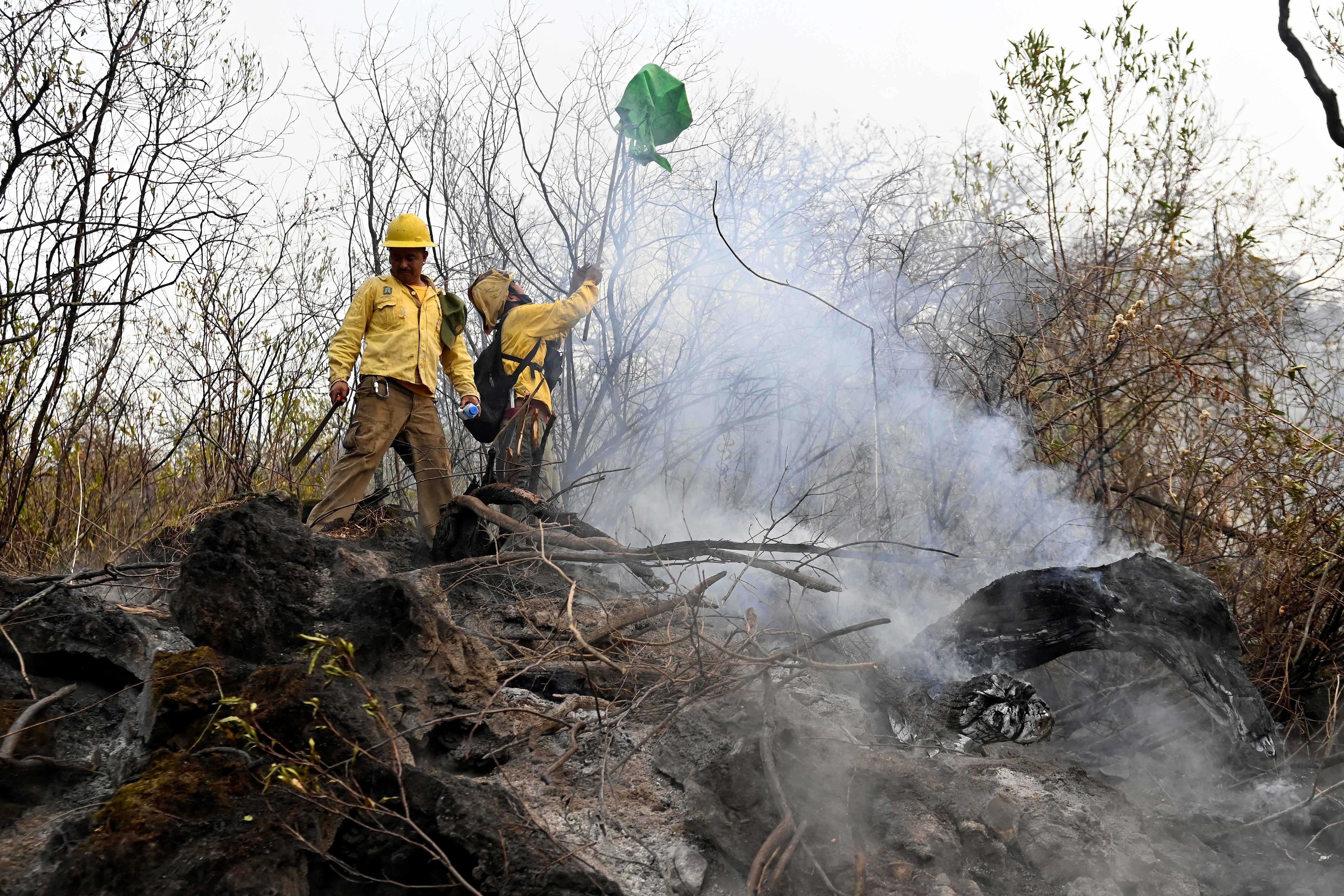 Elementos de Protección Civil, combaten un incendio forestal, el 13 de abril de 2021, en el poblado de Tepoztlán, en el estado de Morelos (Foto: EFE)
