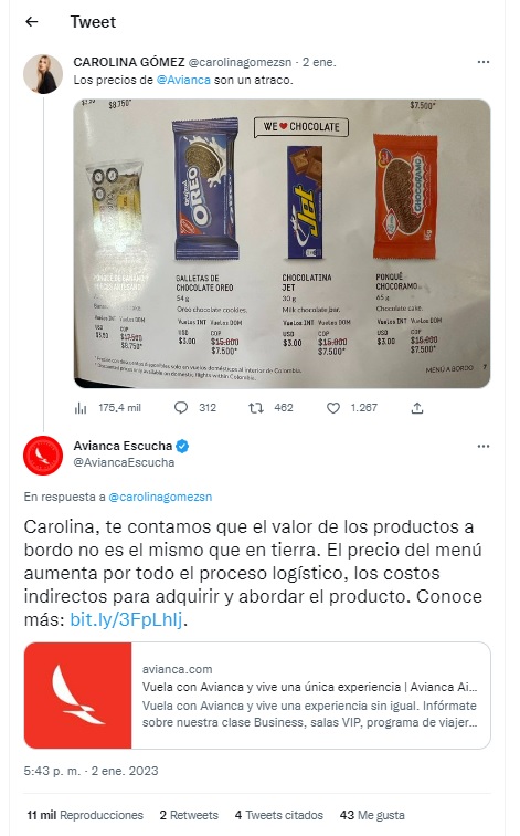 Tuit de queja por los precios de Avianca en sus snacks