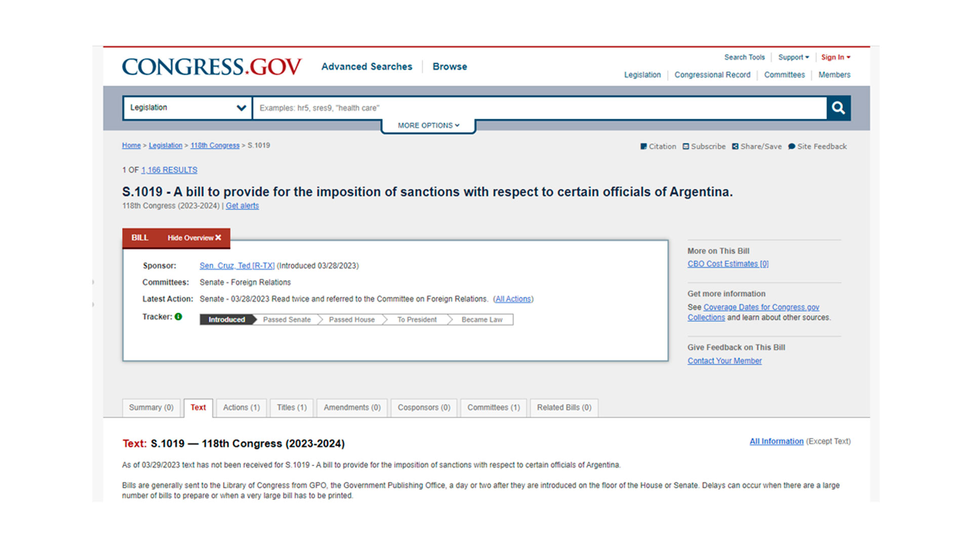 Captura de pantalla del sitio oficial del Congreso de Estados Unidos en la que se puede ver el proyecto ingresado por Ted Cruz