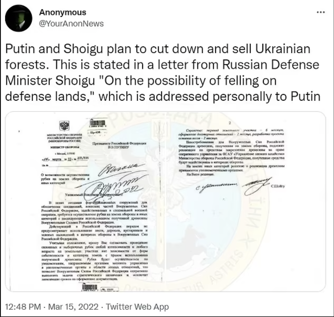 Anonymous compartió una correspondencia entre Putin y un general ruso para talar árboles en Ucrania.