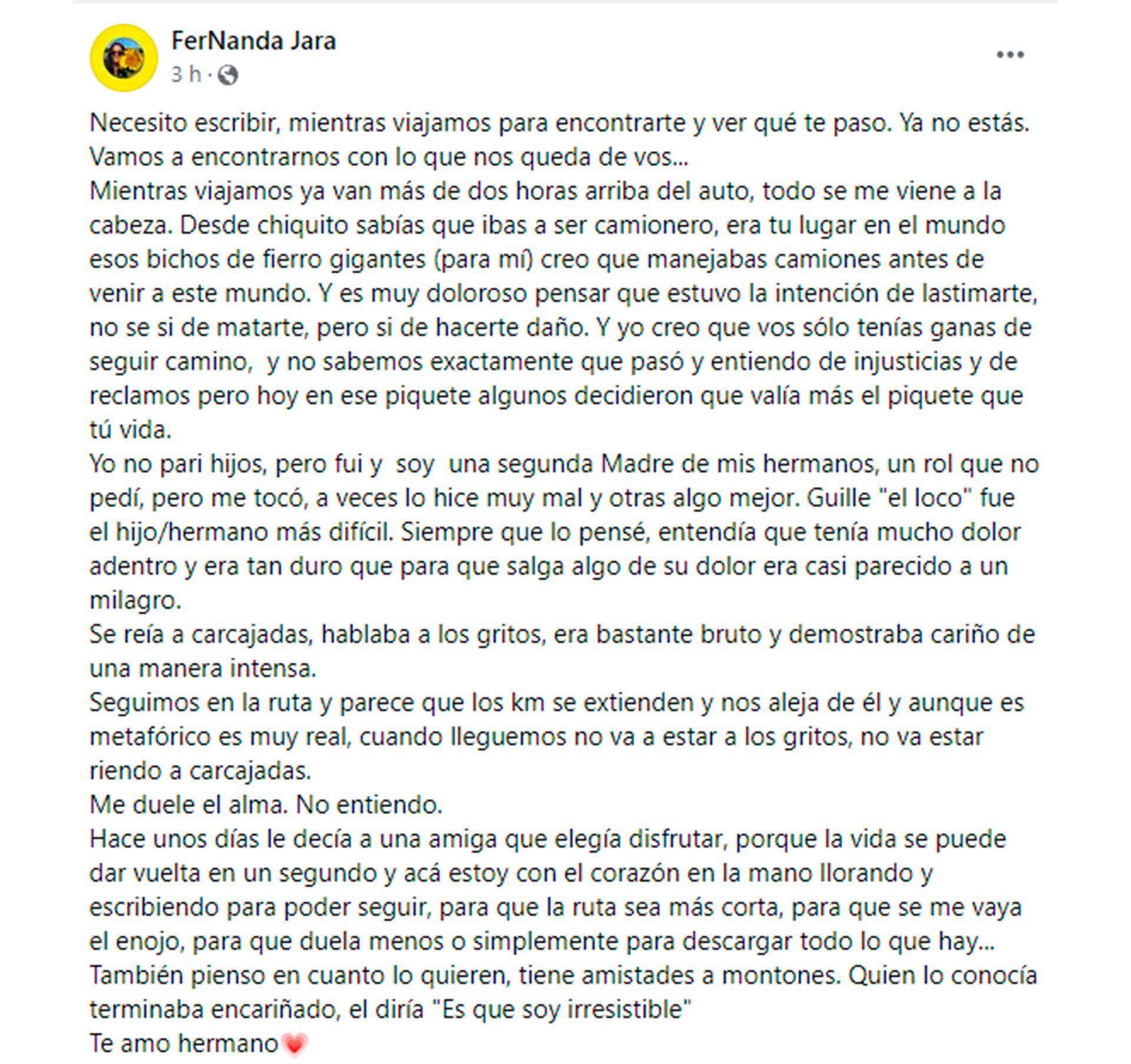 Fernanda Jara despidió vía Facebook a Guillermo, su hermano, tras morir en la Ruta Provincial 65. 