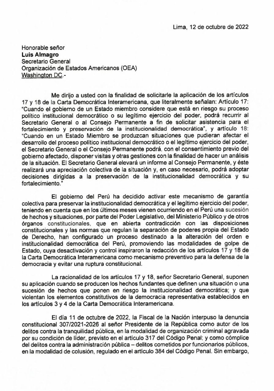 Gobierno de Pedro Castillo pide a la OEA activar la Carta Democrática