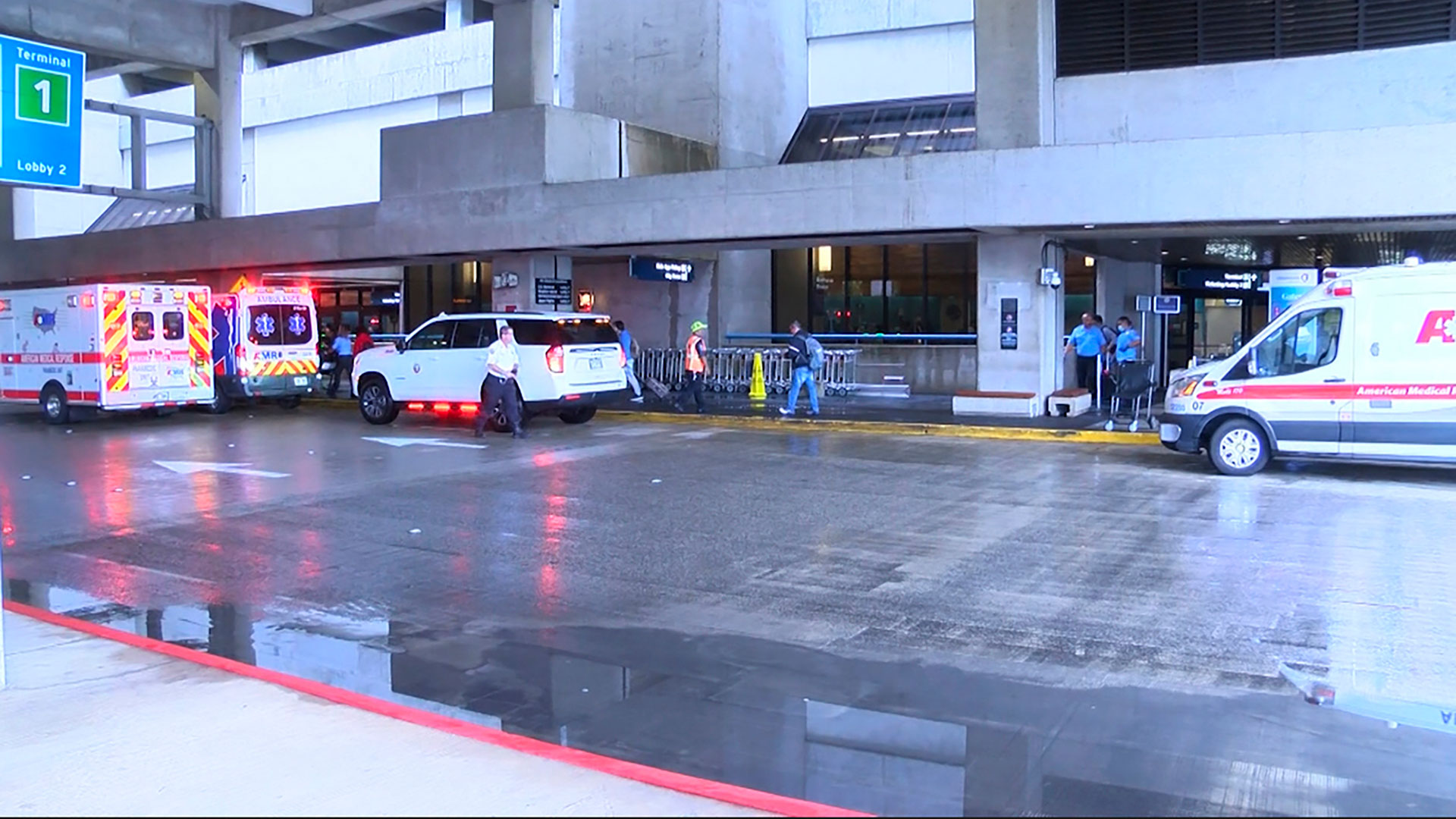 This image taken from video provided by Hawaii News Now shows the scene outside Honolulu International Airport after nearly a dozen people were seriously injured when a flight to Hawaii was hit by severe turbulence on Sunday, Dec. 18, 2022. (Hawaii News Now via AP)