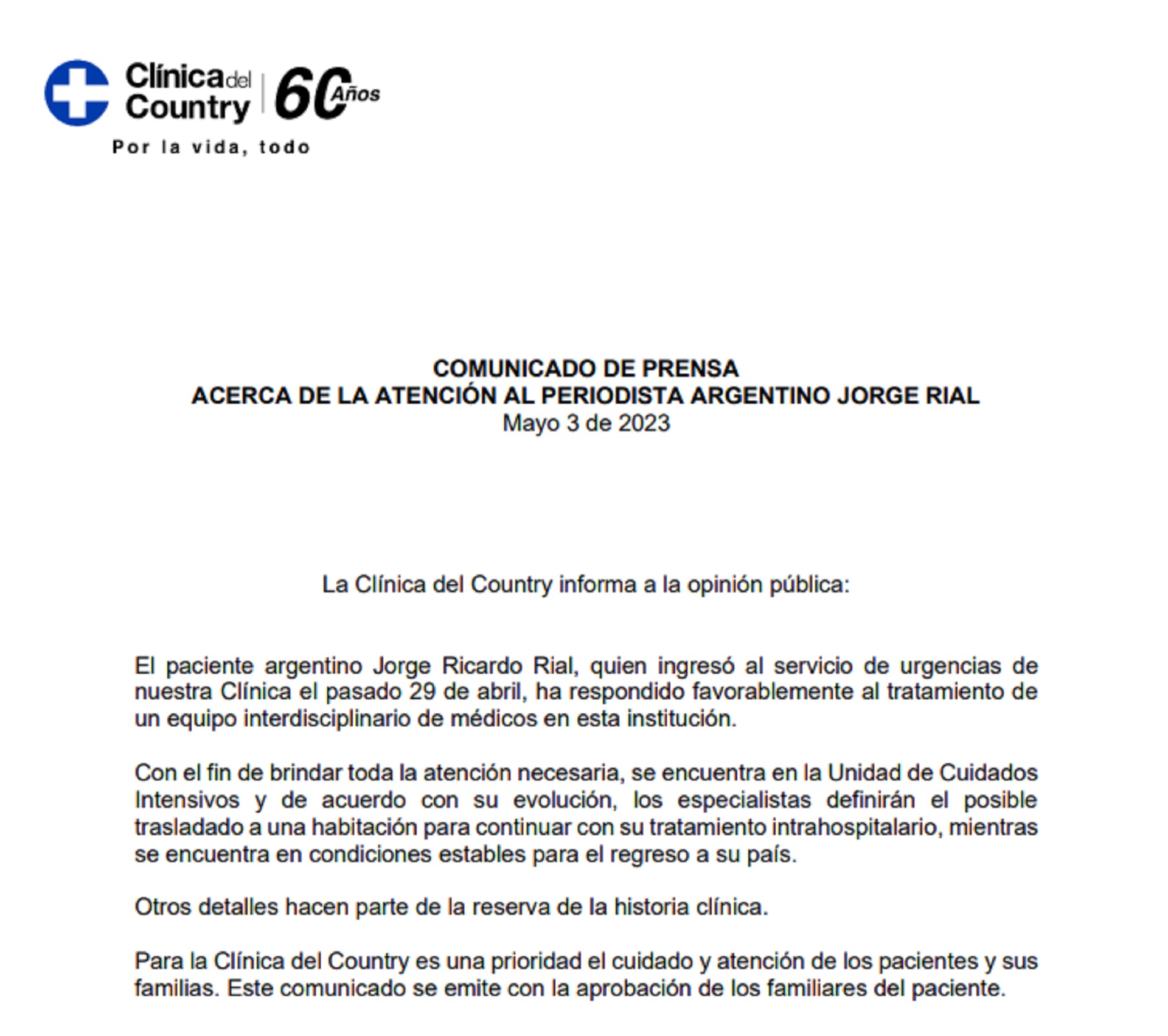 Parte médico sobre la salud de Jorge Rial emitido por la Clínica del Country