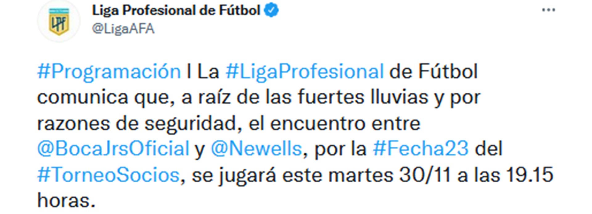 El tuit de la Liga Profesional en el que se confirma el nuevo día y horario del partido