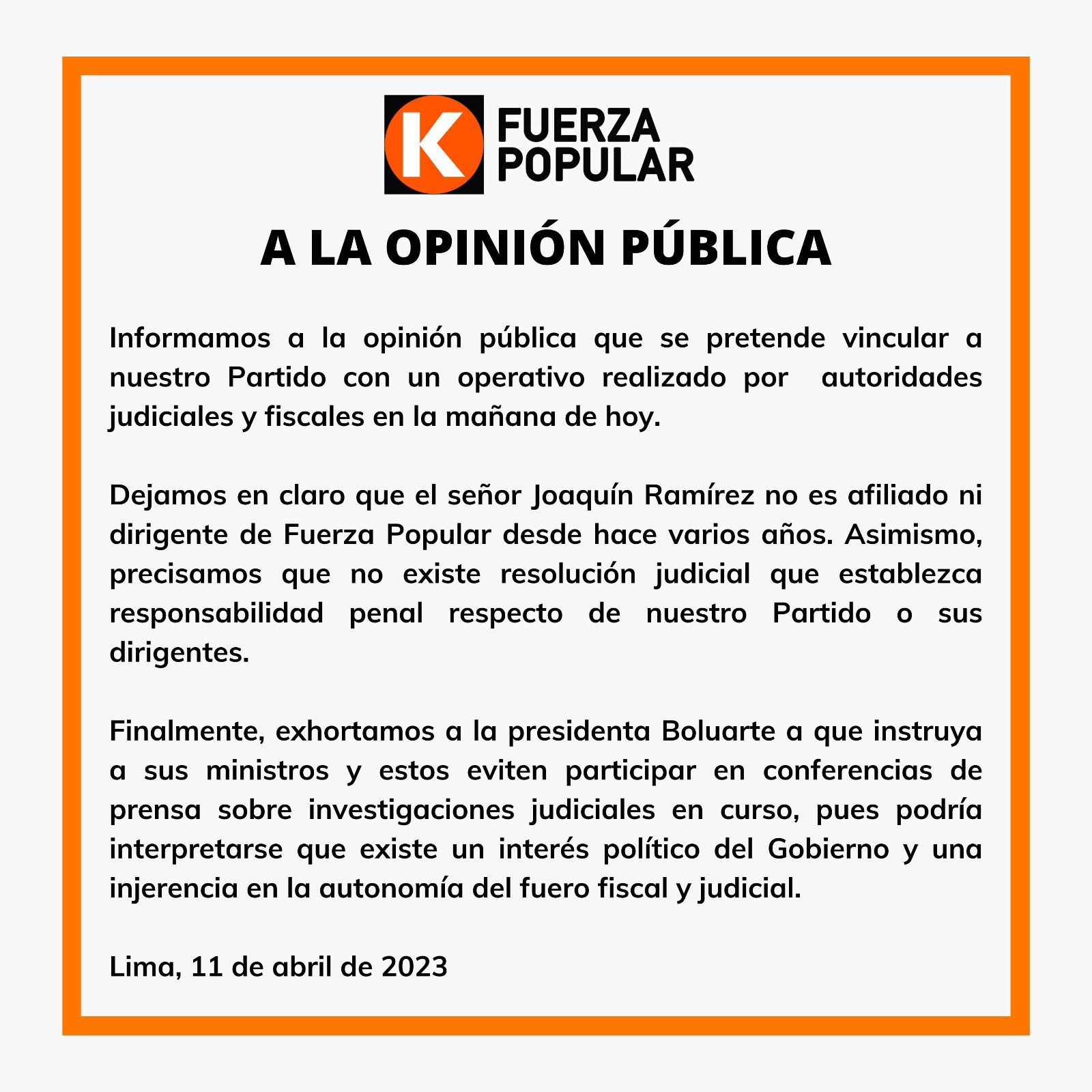 Comunicado de Fuerza Popular sobre Joaquín Ramírez