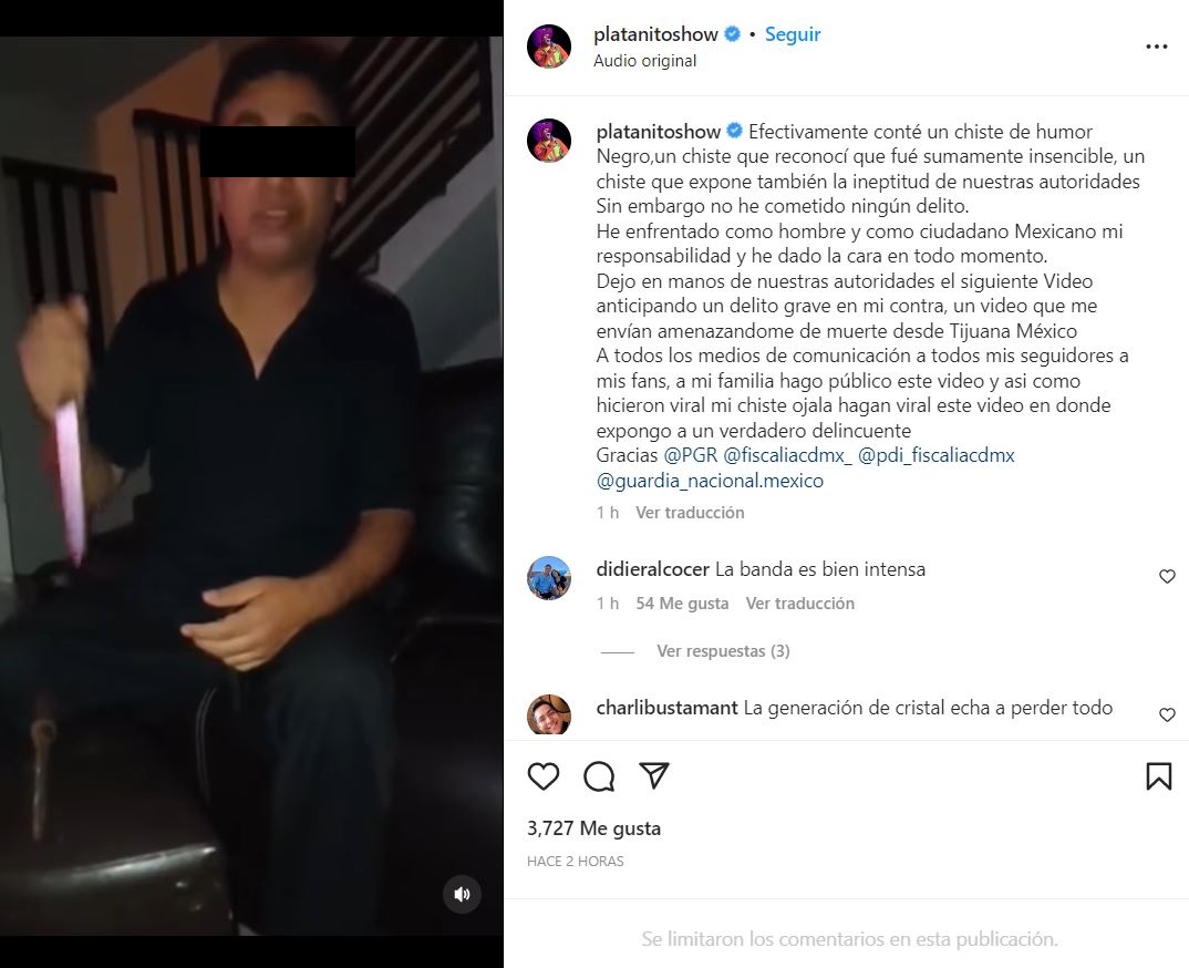 El comediante expuso este video y etiquetó a las cuentas de la Fiscalía General de Justicia y la Guardia Nacional (Instagram/@platanitoshow)
