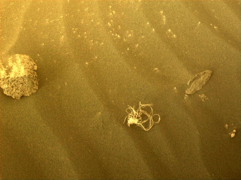 El rover Perseverance se encontró con este trozo de red el 12 de julio de 2022, más de un año después de aterrizar en Marte. NASA/JPL-Caltech