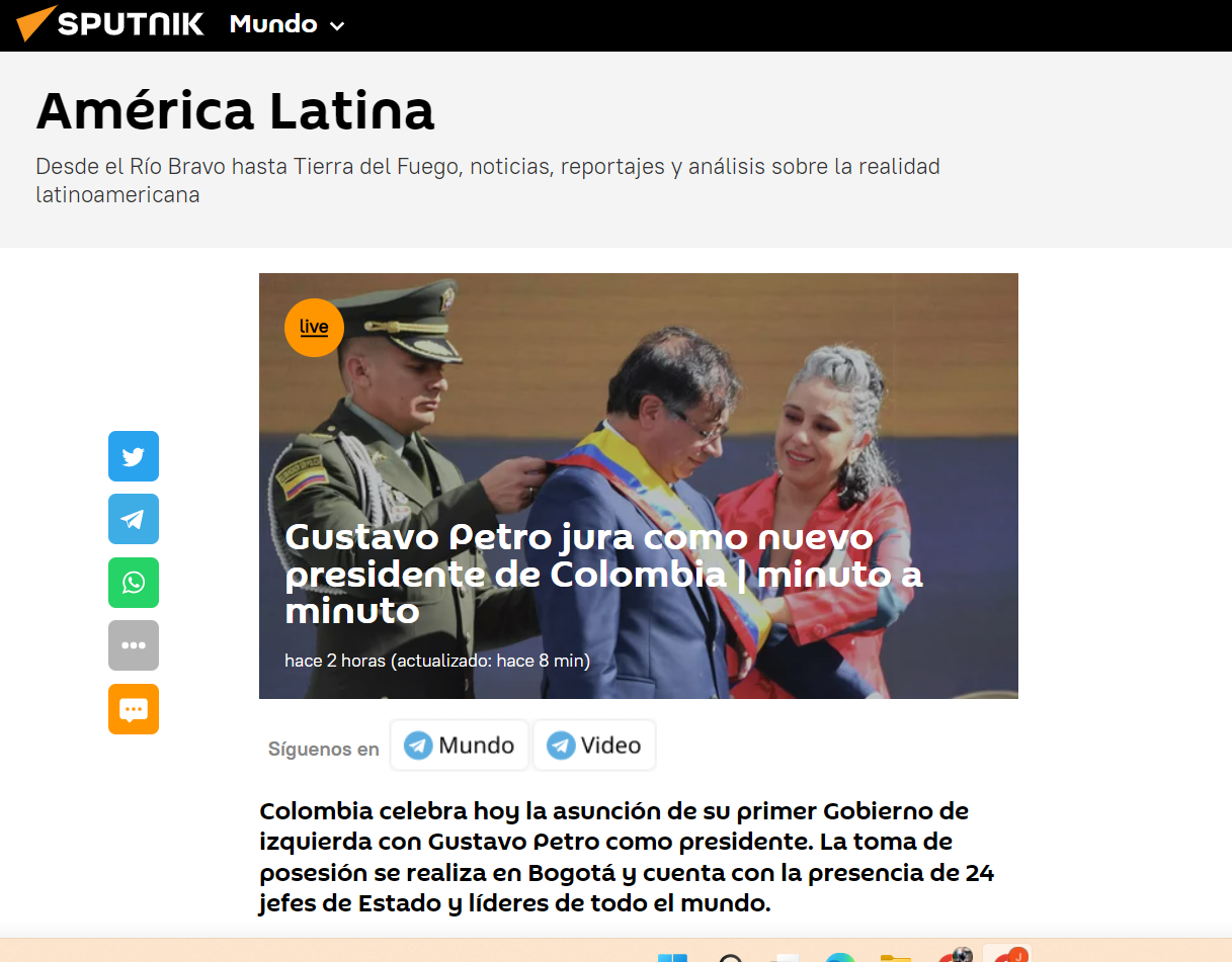 De esta manera Rusia, por medio del portal Sputnik , hace referencia a la jornada de posesión presidencial de Colombia 
Foto: Vía sputniknews.lat
