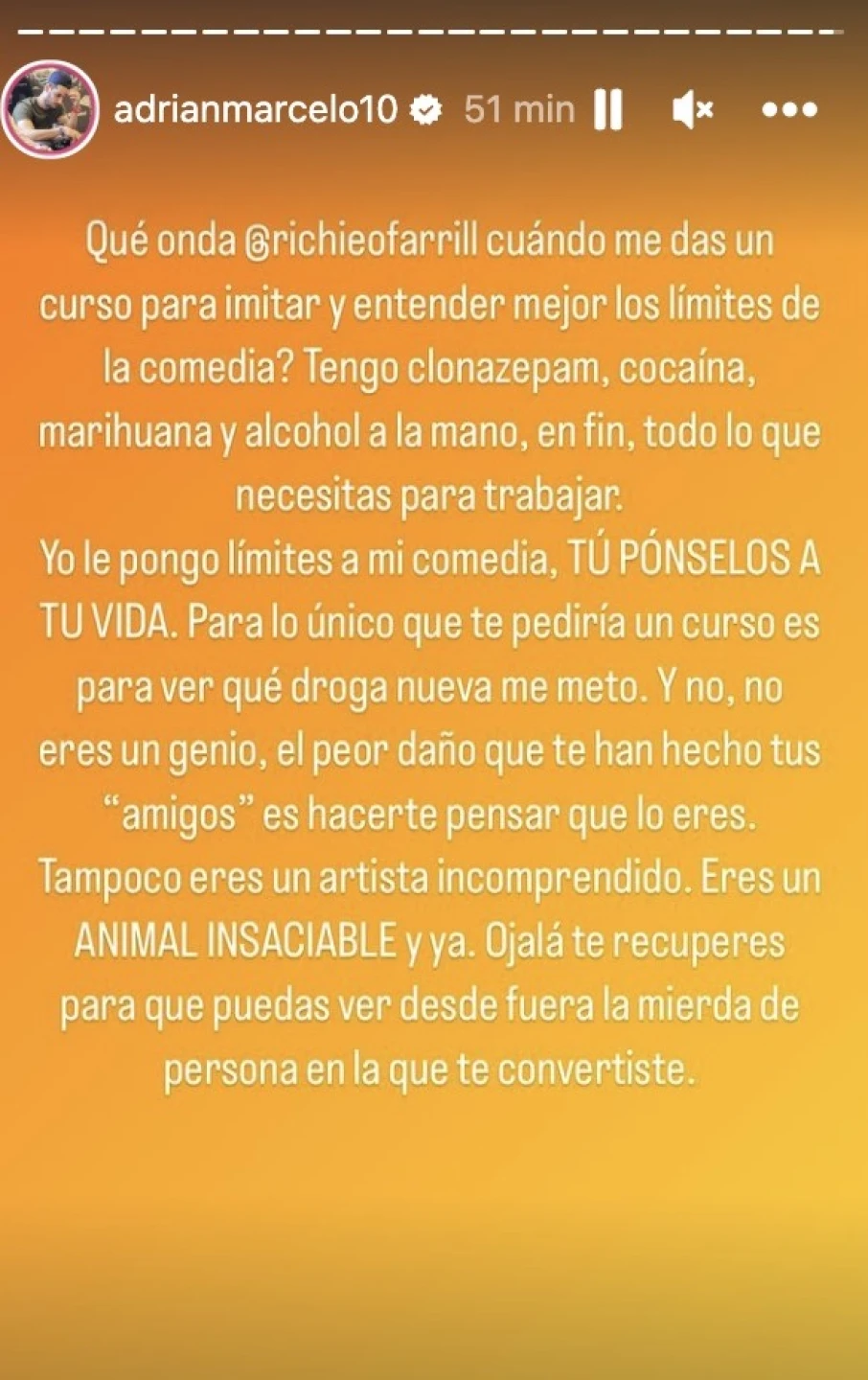 Así reaccionó Adrián Marcelo ante las declaraciones de Ricardo O'Farrill (foto:instagram/adrianmarcelo 10)