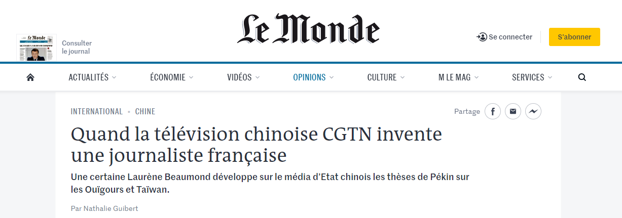 News from Le Monde newspaper which tells us that Chinese television invented an alleged French journalist