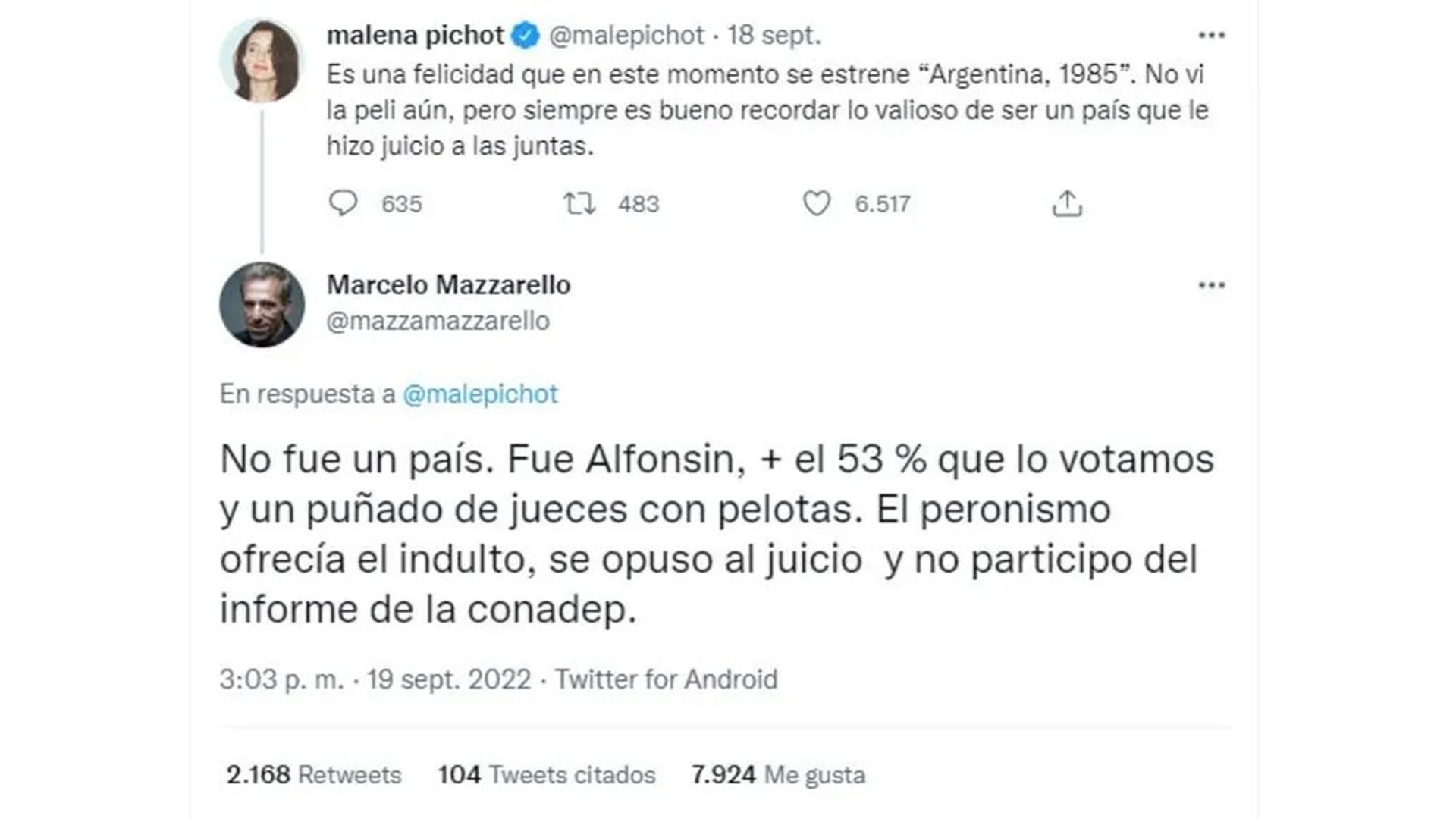 Así comenzó el cruce entre Malena Pichot y Marcelo Mazzarello en Twitter