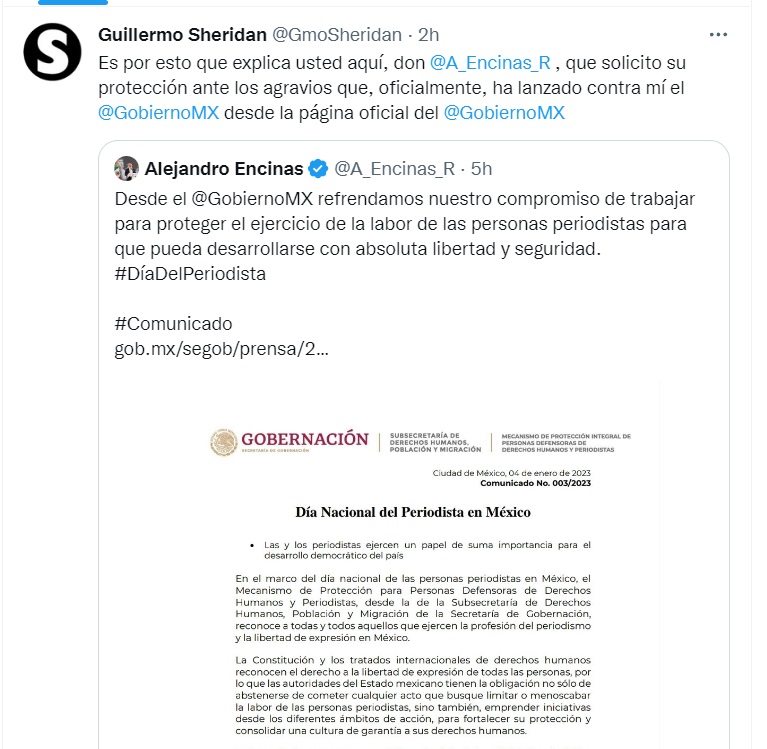 Guillermo Sheridan pidió protección a CNDH por los señalamientos de AMLO (Twitter/@GmoSheridan)