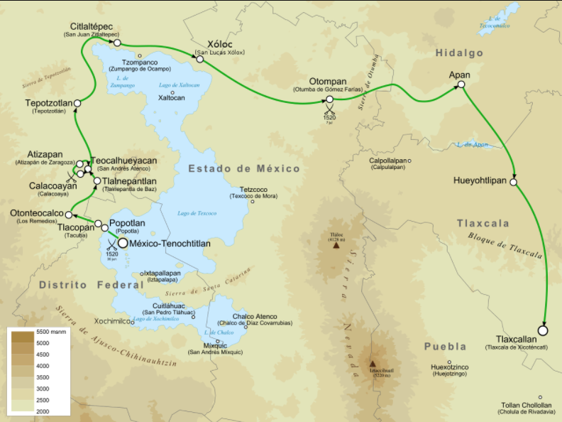 La ruta que Cortés y sus hombres tomaron cuando huyeron de Tenochtitlan  