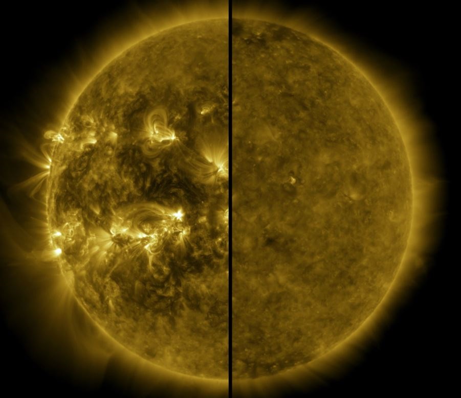 Esta imagen dividida muestra la diferencia entre un Sol activo durante el máximo solar (izq., tomado en abril de 2014) y un Sol tranquilo durante el mínimo solar (der., diciembre de 2019). (Sebastian Carrasco/Europa Press). 
