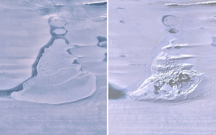 Imágenes del lago cubierto de hielo (izquierda) y la dolina después de que las aguas desaparecieron (derecha). (Warner et al., Geophysical Research Letters, 2021)