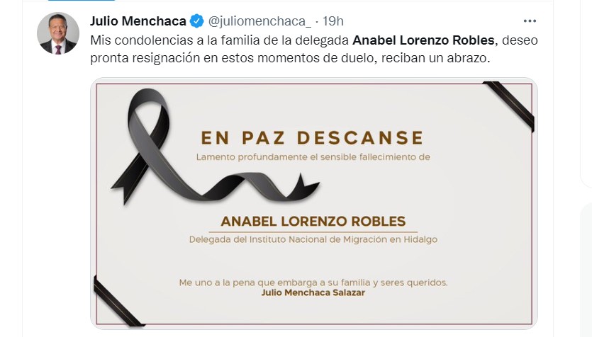 El gobernador del estado de Hidalgo lamentó el fallecimiento de la delegada del Instituto Nacional de Migración (INM) (Foto: Captura de pantalla Twitter)