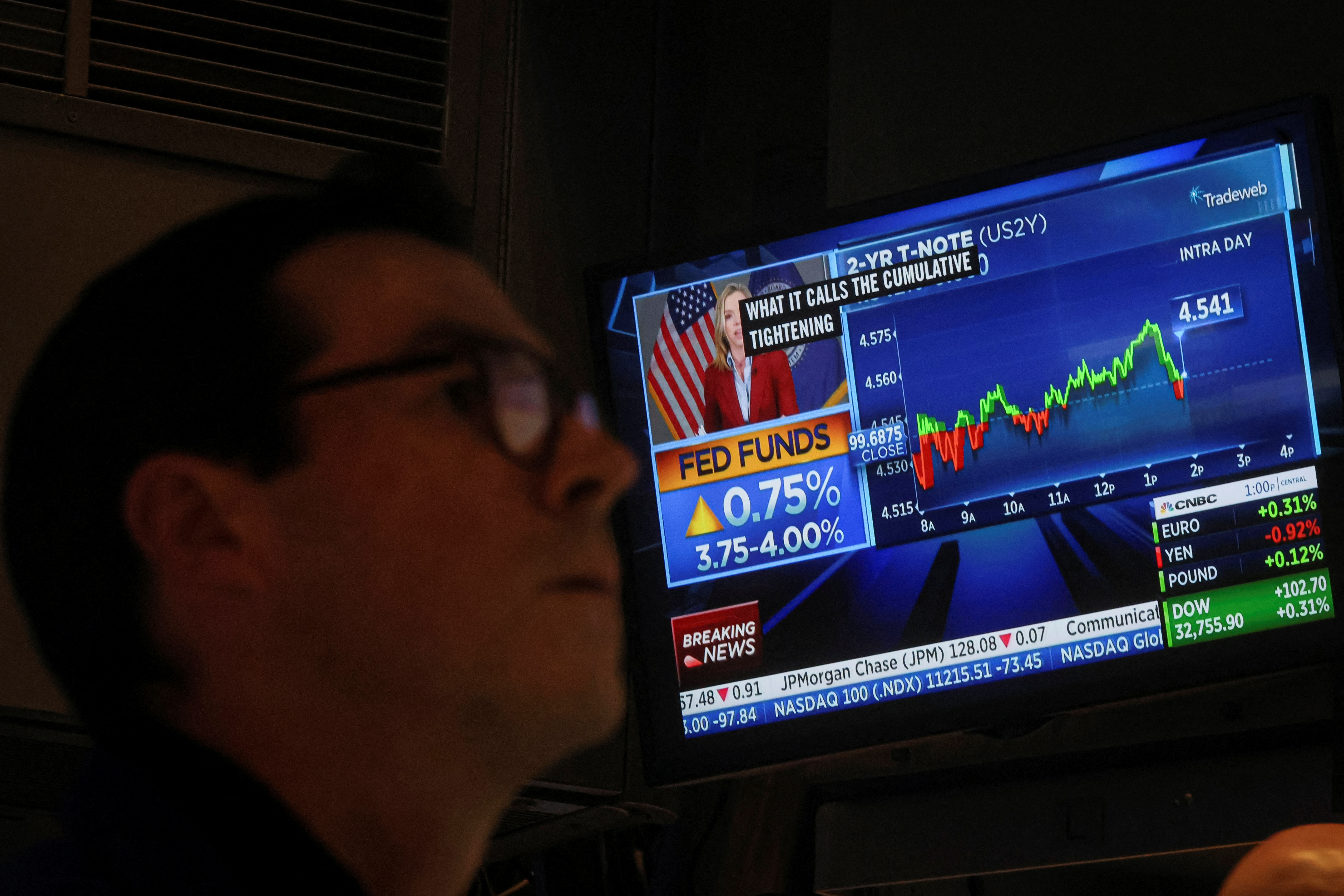 A screen displays the Fed rate announcement as a trader works on the floor of the New York Stock Exchange (NYSE) in New York City, U.S., November 2, 2022.  REUTERS/Brendan McDermid