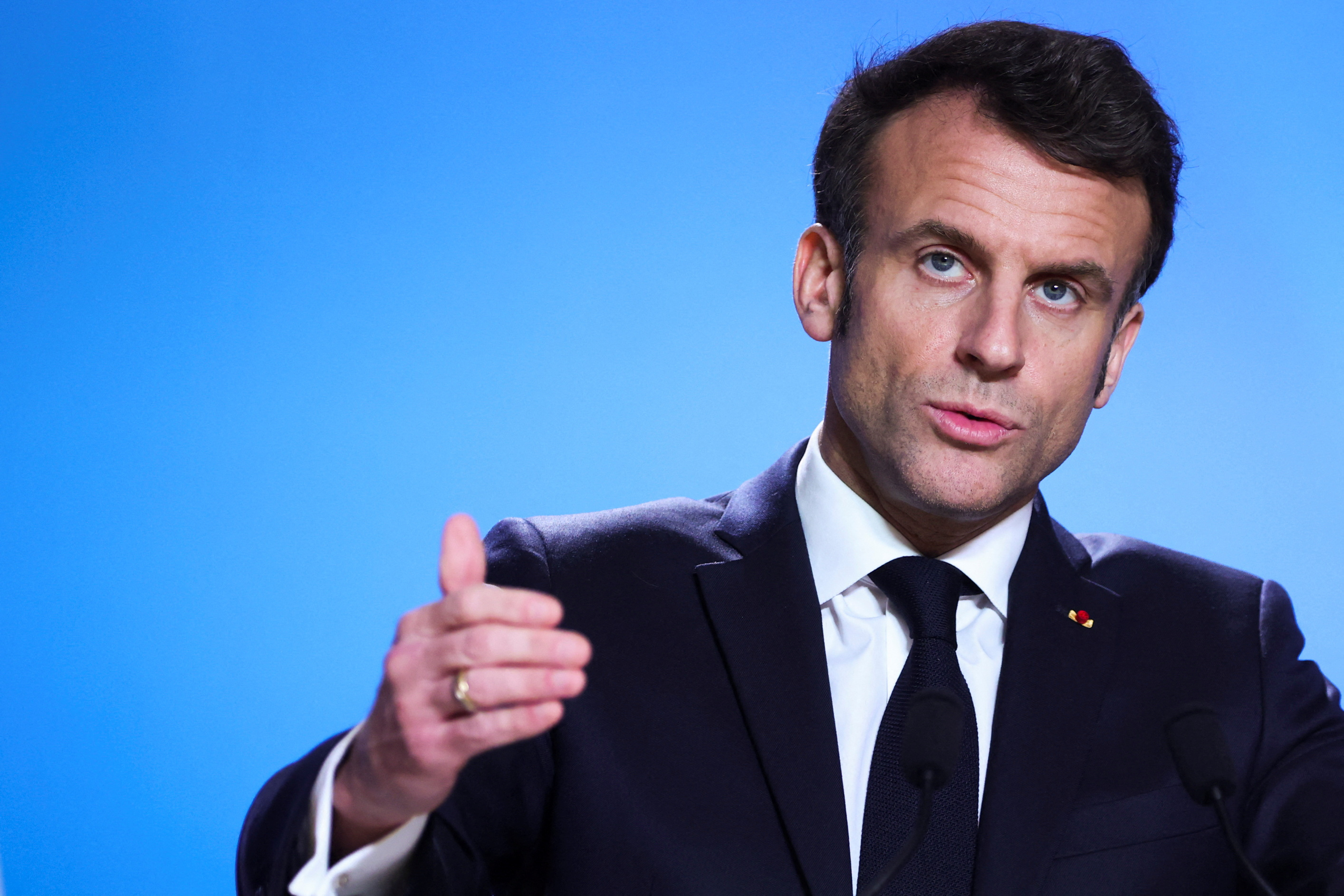 Emmanuel Macron during a news conference at the European leaders summit in Brussels, Belgium, February 10, 2023. REUTERS/Johanna Geron