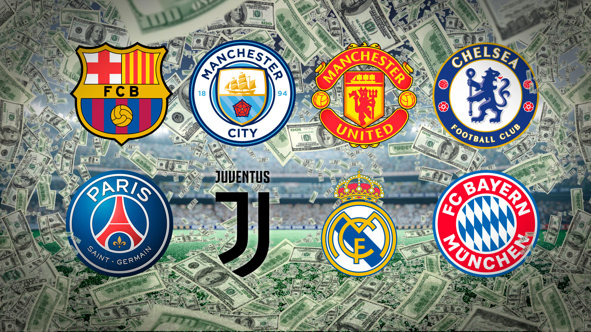 escudos Barcelona, Manchester City, Manchester United, Chelsea, PSG, Juventus, Real Madrid y Bayern Munich billetes