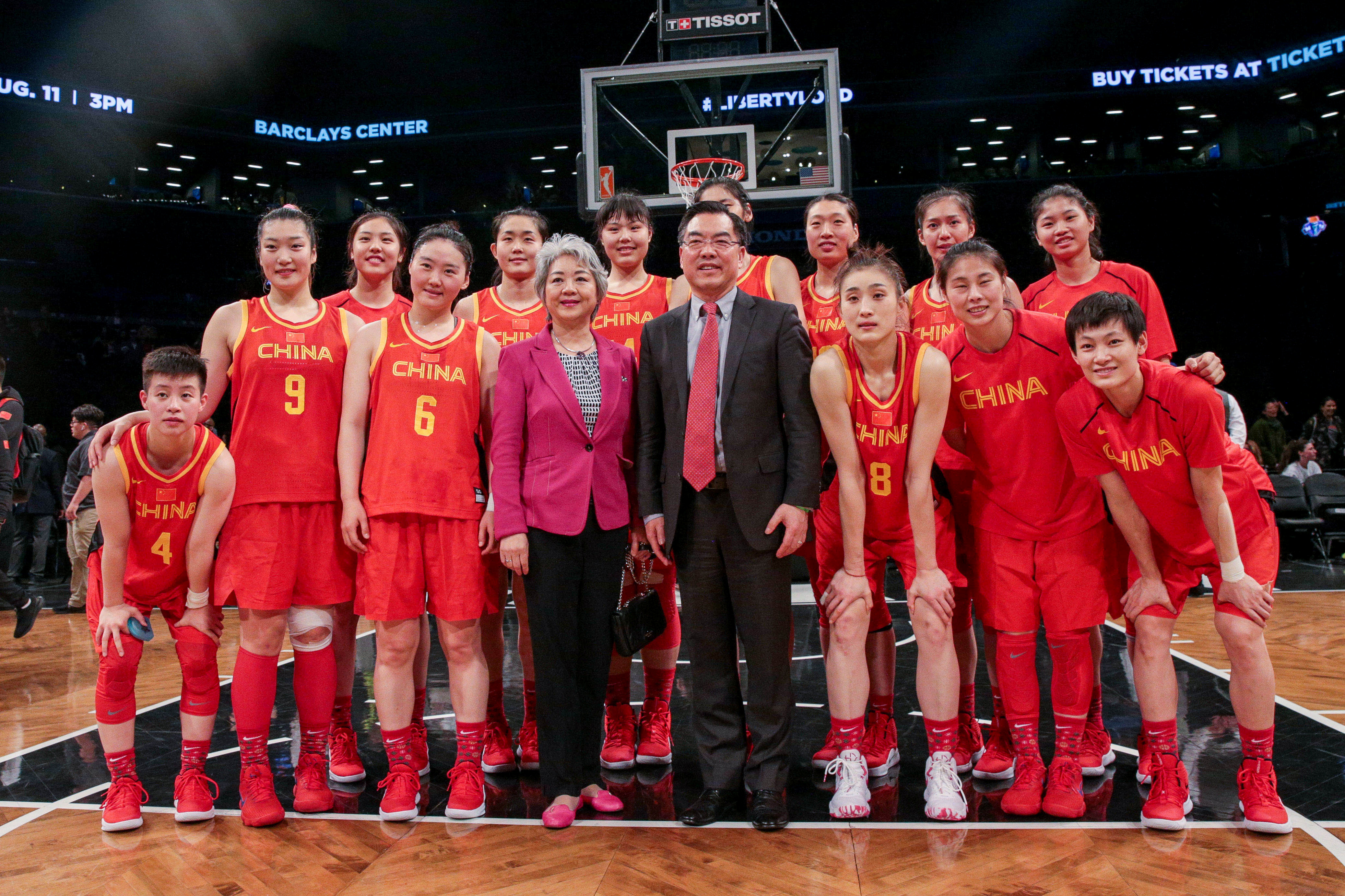 FILE PHOTO: ON THIS DAY -- May 9  May 9, 2019     BASKETBALL - The Chinese national team poses with Consul General Huang Ping after their 89-71 loss to the New York Liberty in a pre-season WNBA game at Barclays Center.     The game was organised in an effort to support women athletes globally and was part of a series of collaborations between the Chinese Basketball Association and overseas leagues.     Han Xu, who had impressed for China in the previous year's FIBA World Cup, was selected by Liberty in the second round of the WNBA draft and scored 19 points to lead New York to victory. Vincent Carchietta-USA TODAY Sports/File photo