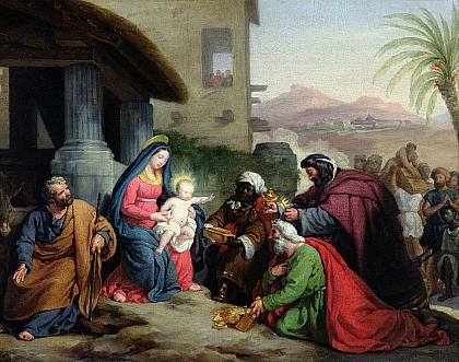 Una representación de los Reyes Magos llevando oro, incienso y mirra para Jesús