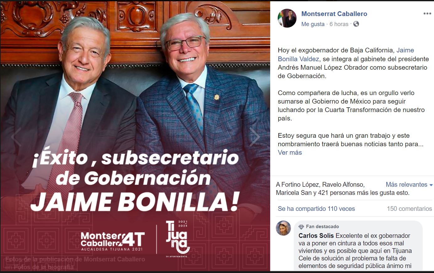 Publicación de Montserrat Caballero, alcaldesa de Tijuana (Captura de pantalla: Facebook/Montserrat4T)