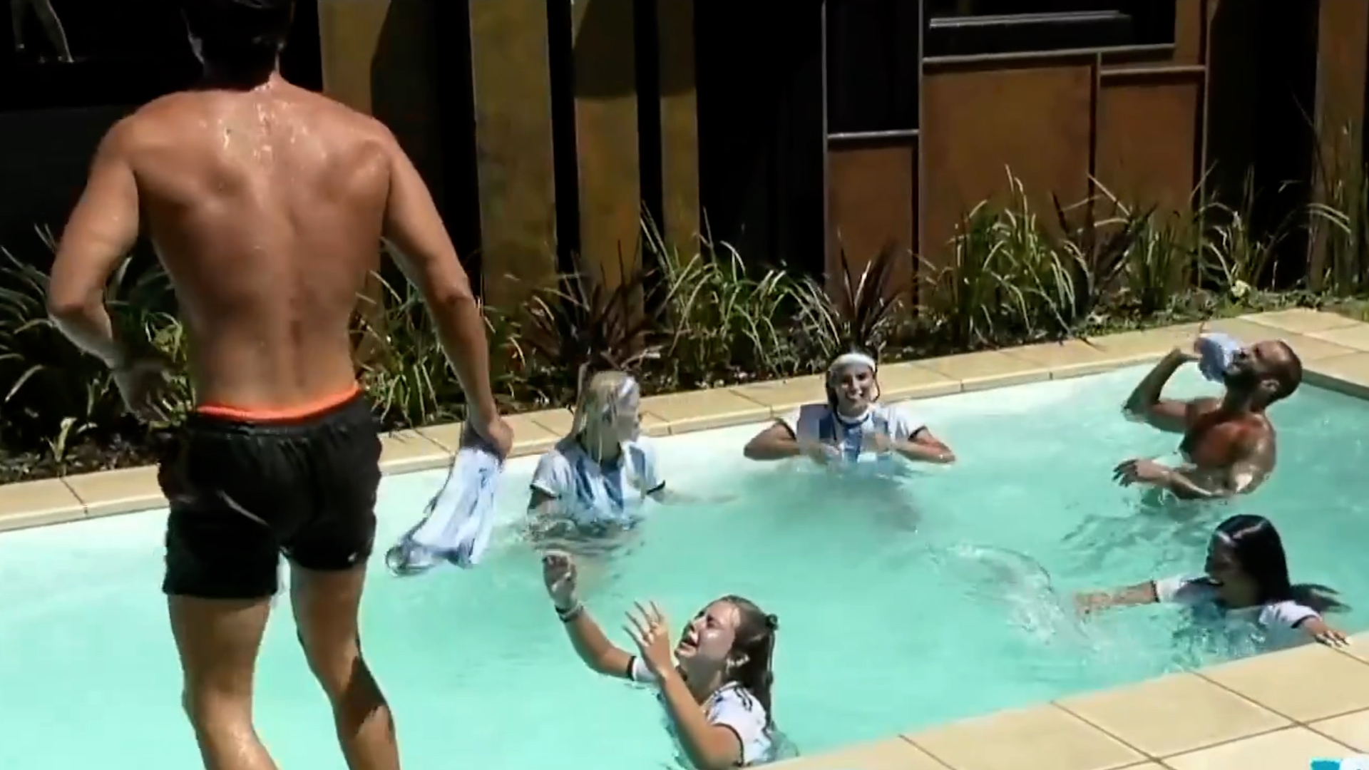 Los participantes se tiraron a la pileta para celebrar la consagración de la selección nacional (captura de pantalla) 