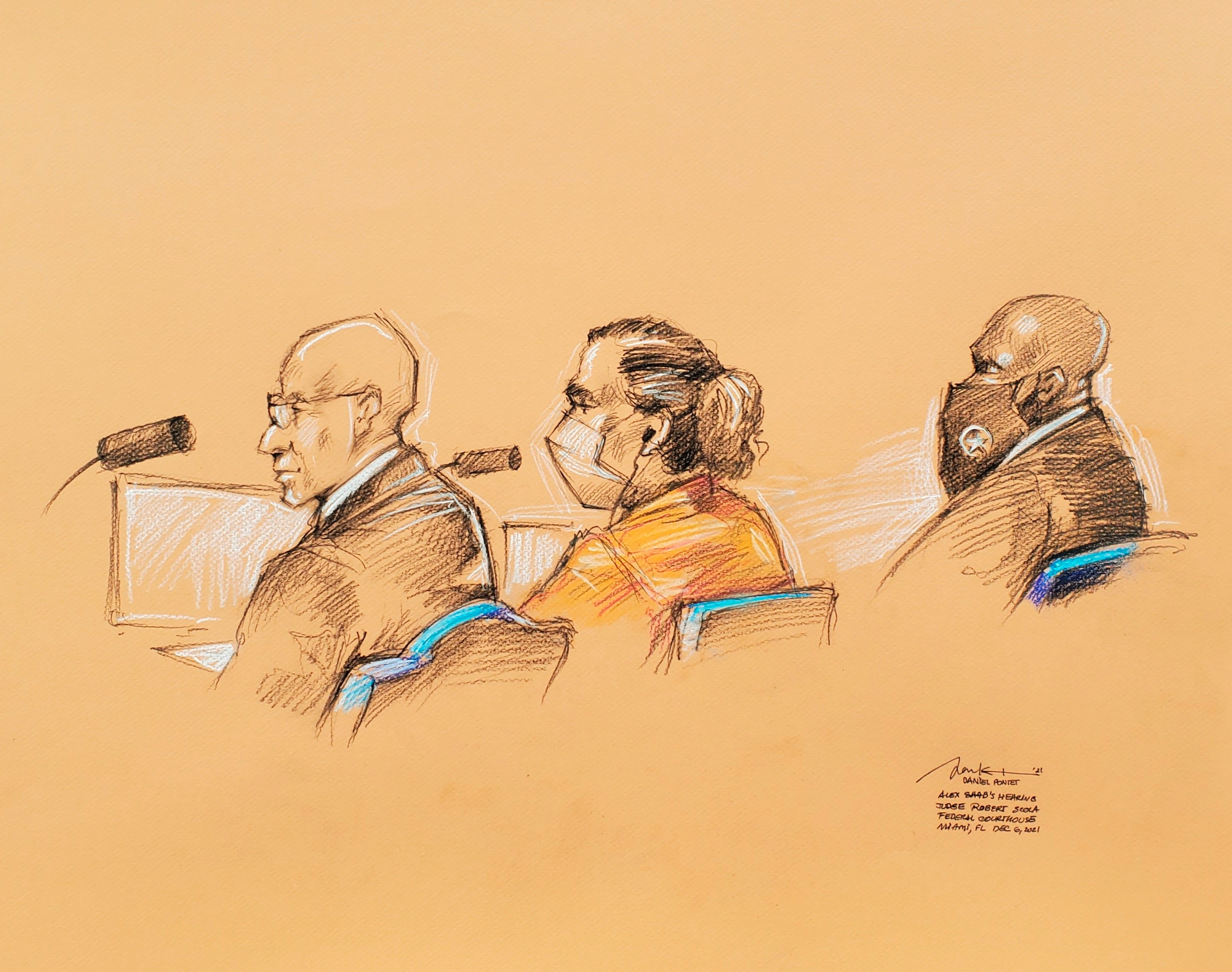 An illustration of Alex Saab in court in Miami (Daniel Pontet/Handout via REUTERS)