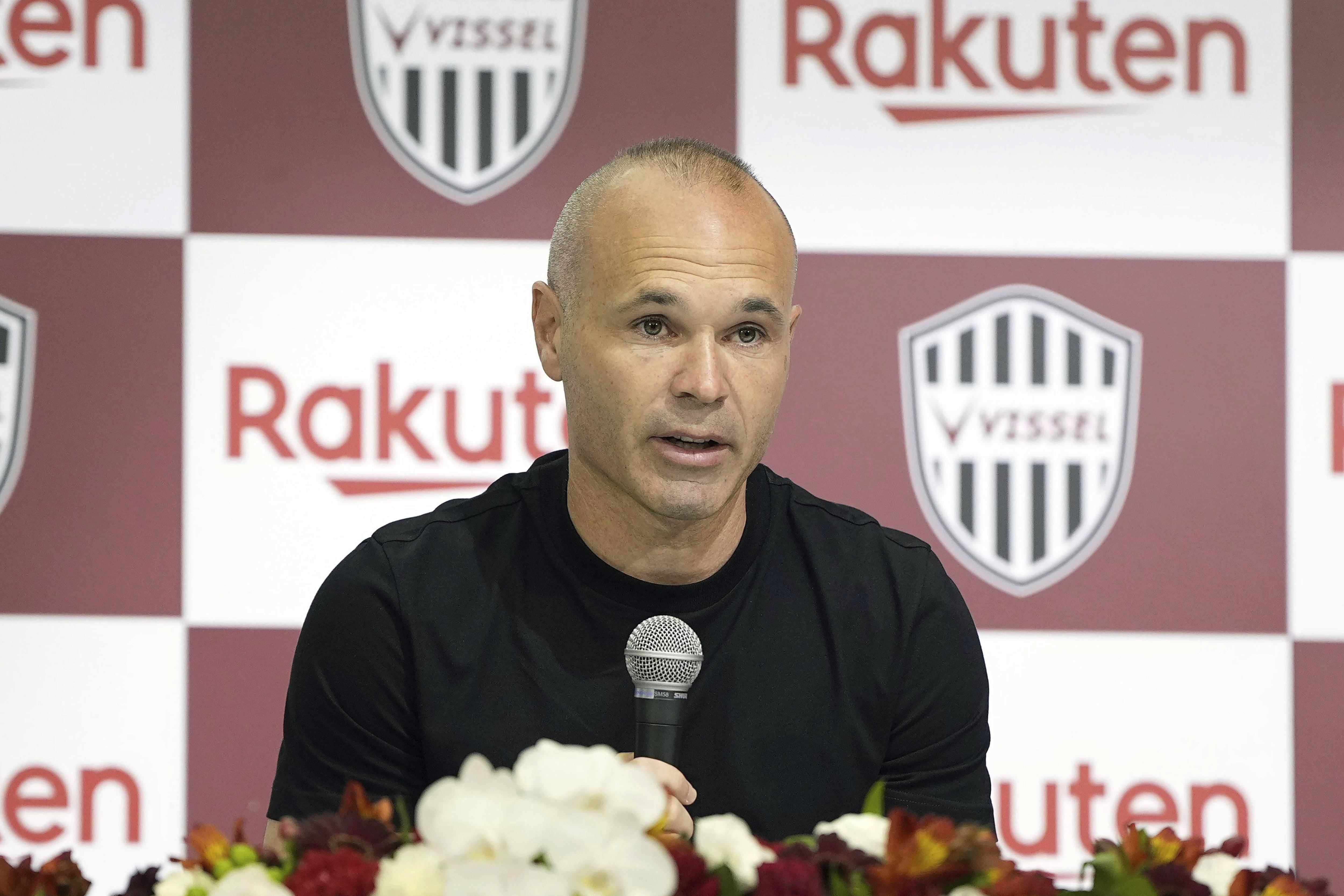 Andres Iniesta speaks at a news conference at a hotel in Kobe, western Japan, May 25, 2023. Andres Iniesta, who won the World Cup with Spain in 2010, as well as four Champions League titles and nine Liga with Barcelona, ​​he will leave the Japanese club Vissel Kobe.  (Kyodo News via AP)