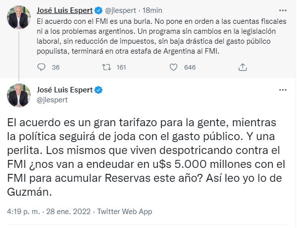 El tuit de José Luis Espert sobre el acuerdo con el FMI