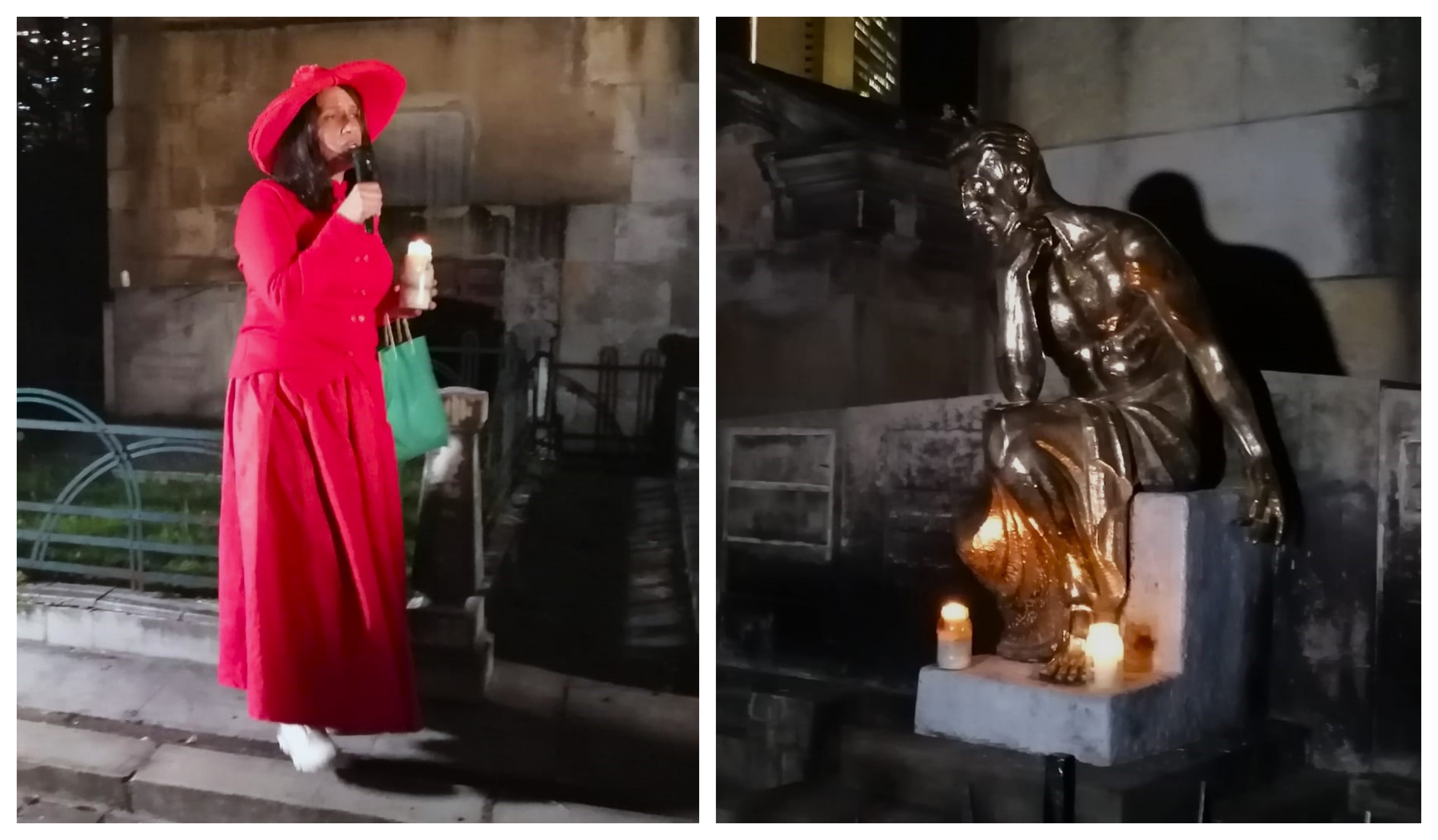 En la imagen, la actriz que personifica a 'la loca Margarita', y la estatua de Leo Kopp, a la que las personas van a pedirle favores. Fotos: Daniela Gallo Hidalgo- Infobae Colombia