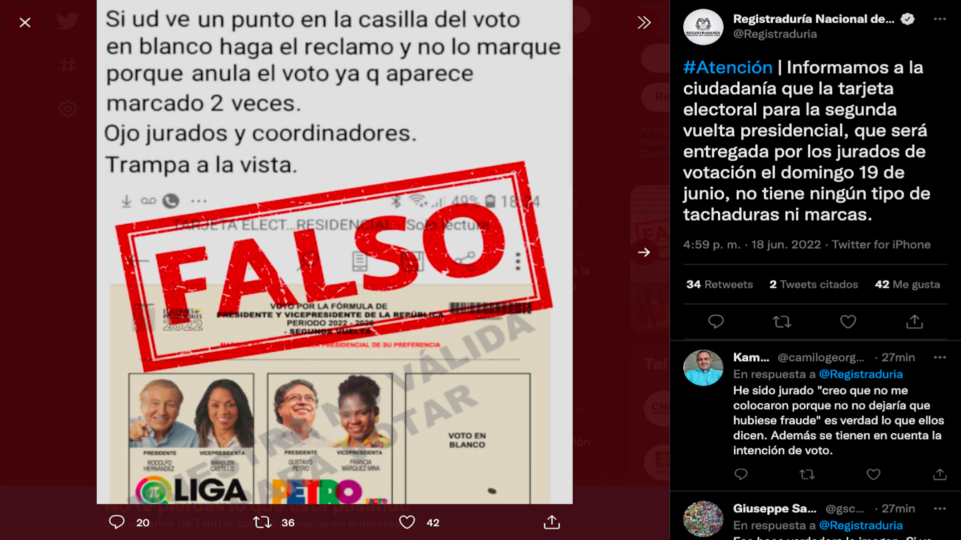 Registraduría Nacional aclara que los tarjetones electorales del 19 de junio de 2022 en Colombia no tendrán marcas previas que anulen votos / (Twitter: @Registraduria)