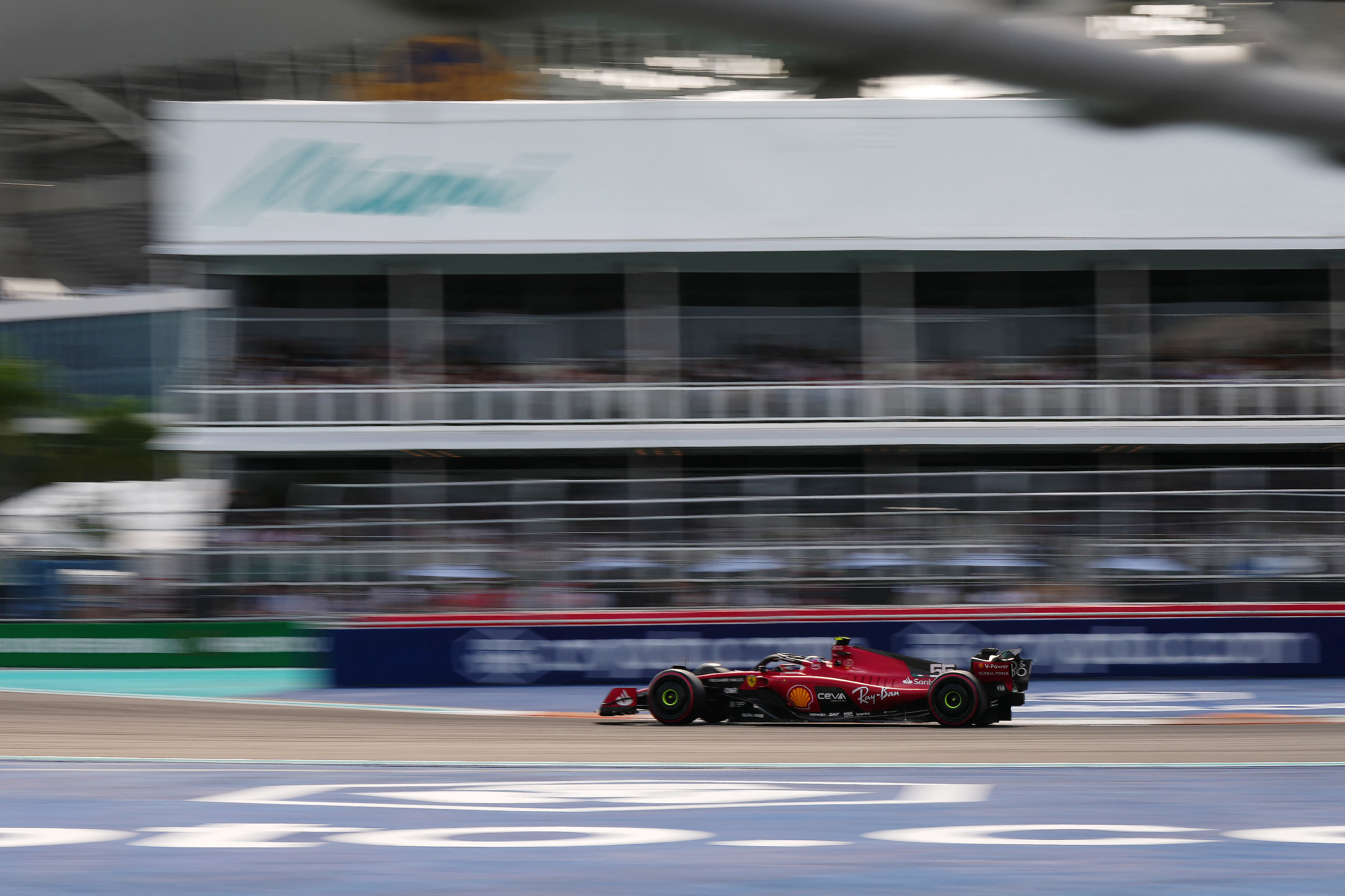 May 6, 2023; Miami Gardens, Florida, USA; Ferrari driver Carlos Sainz (55) of Spain during qualifying for the Miami Grand Prix at Miami International Autodrome. Mandatory Credit: Jasen Vinlove-USA TODAY Sports